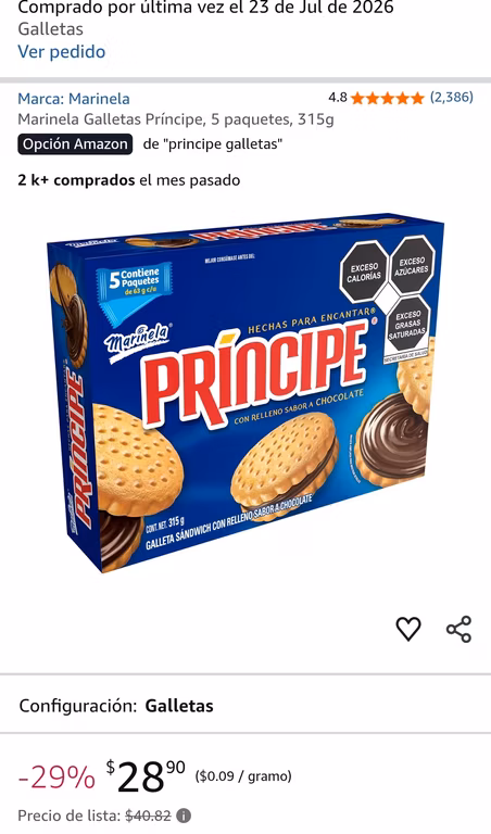 Amazon: Marinela Galletas Príncipe, 5 paquetes, 315g