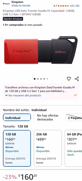 Amazon: Memoria Usb Kingston 128GB 3.2 Gen 1