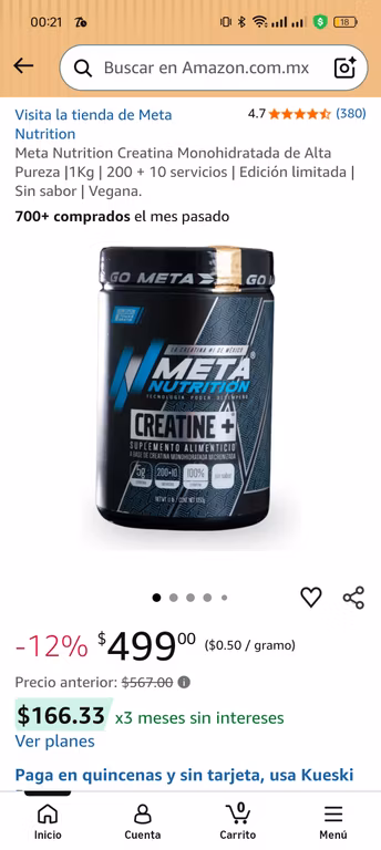 Amazon: Meta Nutrition Creatina Monohidratada de Alta Pureza |1Kg | 200 + 10 servicios