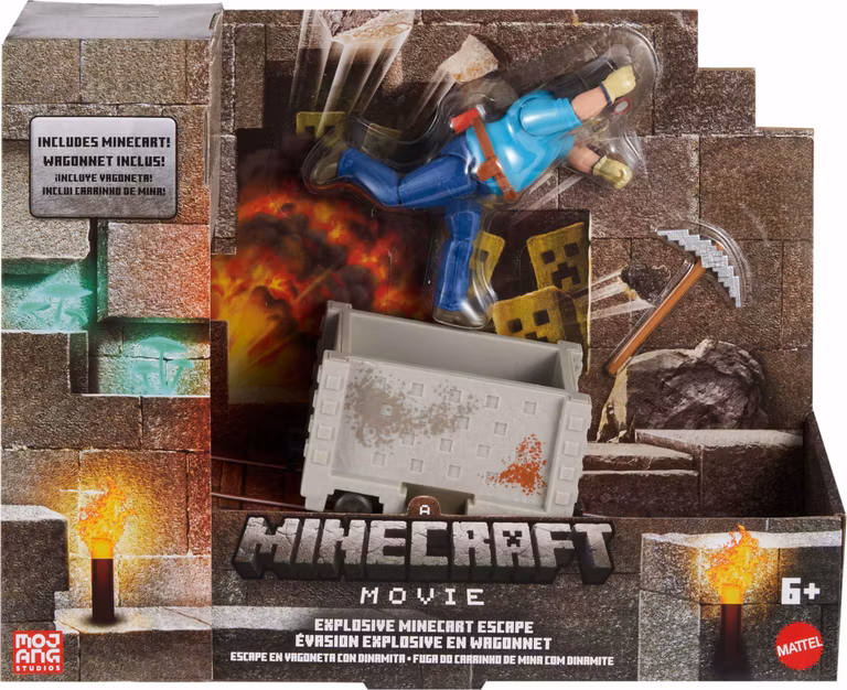 AMAZON: Minecraft La Película Figura de Acción Steve con Carrito de Mina