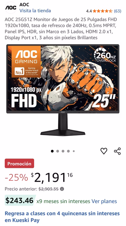 Amazon: Monitor AOC 25" FHD 240hz IPS (Ideal para monitor secundario)