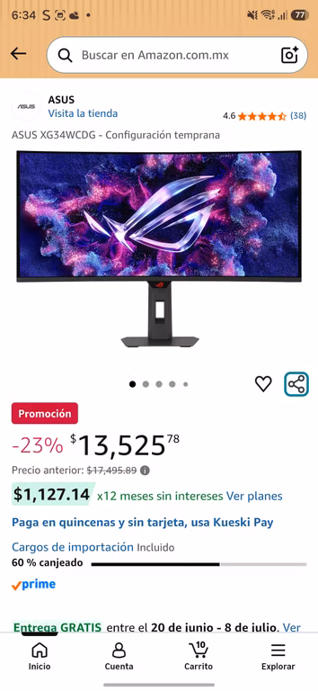 Amazon: Monitor de juegos QD-OLED de 3440 x 1440 de 34 pulgadas