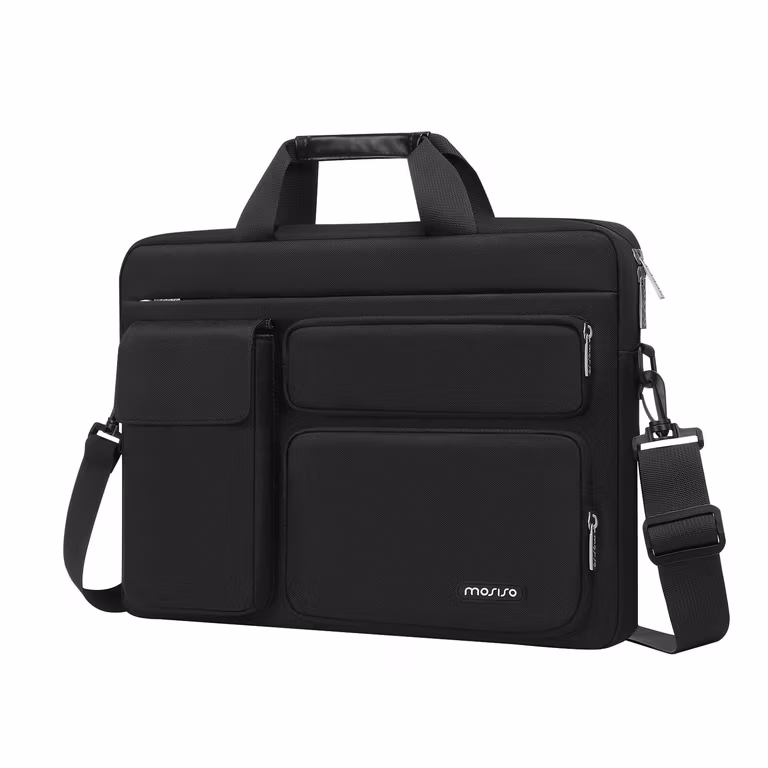 Amazon: MOSISO Bolsa Mensajero de Hombro 15-15.6 pulgadas Portátil con 2 Elevados & 1 Solapa & 1 Bolsillo Horizontal & Asa & Cinturón, Negro