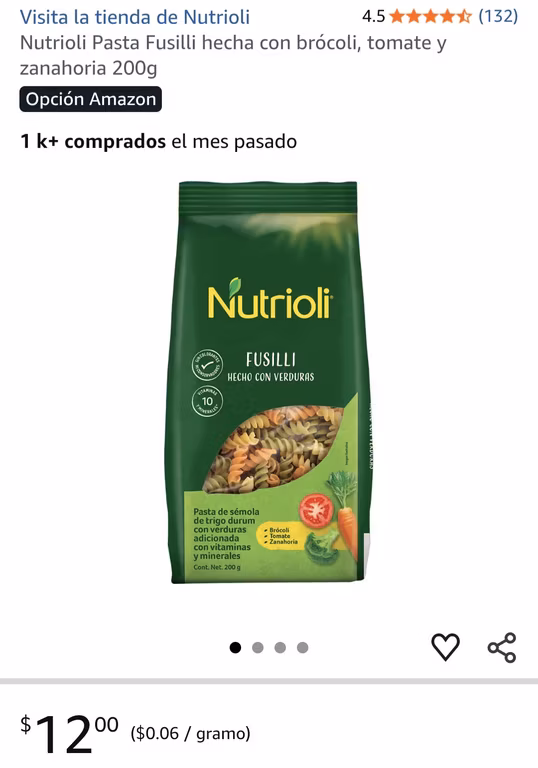 Amazon: Nutrioli Pasta Fusilli hecha con brócoli, tomate y zanahoria 200g