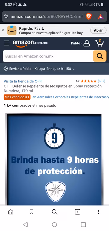 Amazon: OFF! Defense Repelente de Mosquitos en Spray Protección Duradera, 170 ml