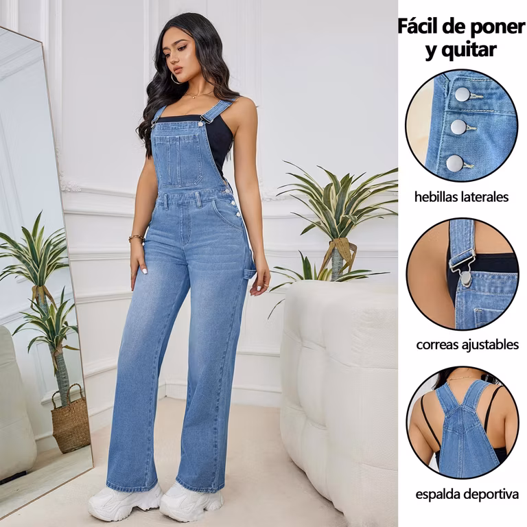 Amazon: Overol Mujer Mezclilla,Pantalones Elásticos con Correa Ajustable,con Bolsillos,Lavable sin Deformación, Monos