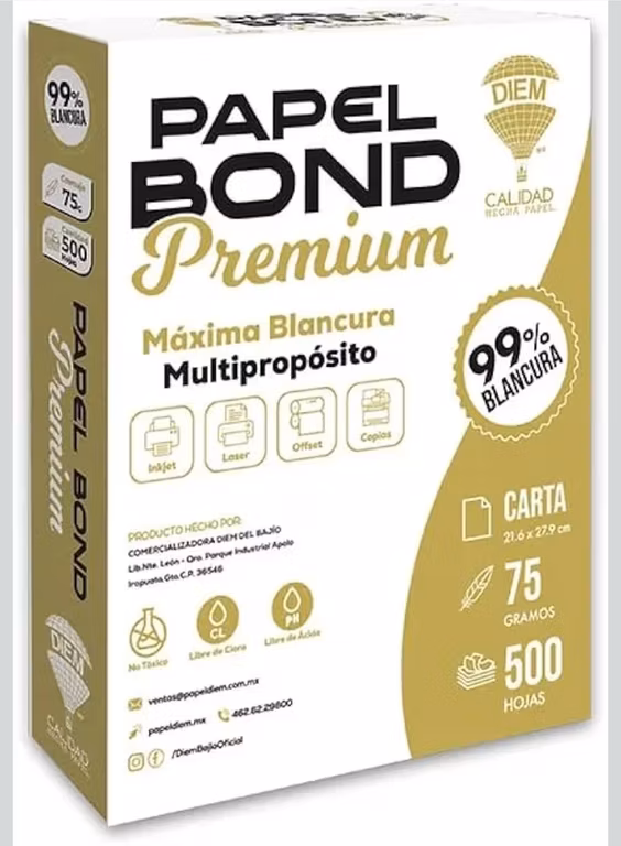 Amazon: Papel Bond Premium Carta, Máxima Blancura 99%, 75g, Multipropósito 500 hojas