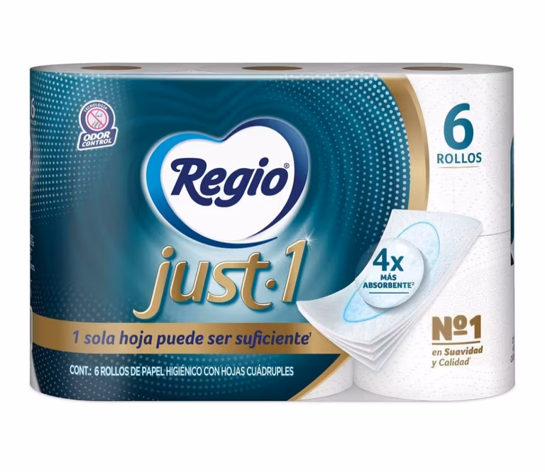 Amazon: Papel Higiénico Just 1; Con Hojas Cuádruples 50% Mas Gruesas, Centro Suave; Marca Regio; 6 Rollos con planea y ahorra