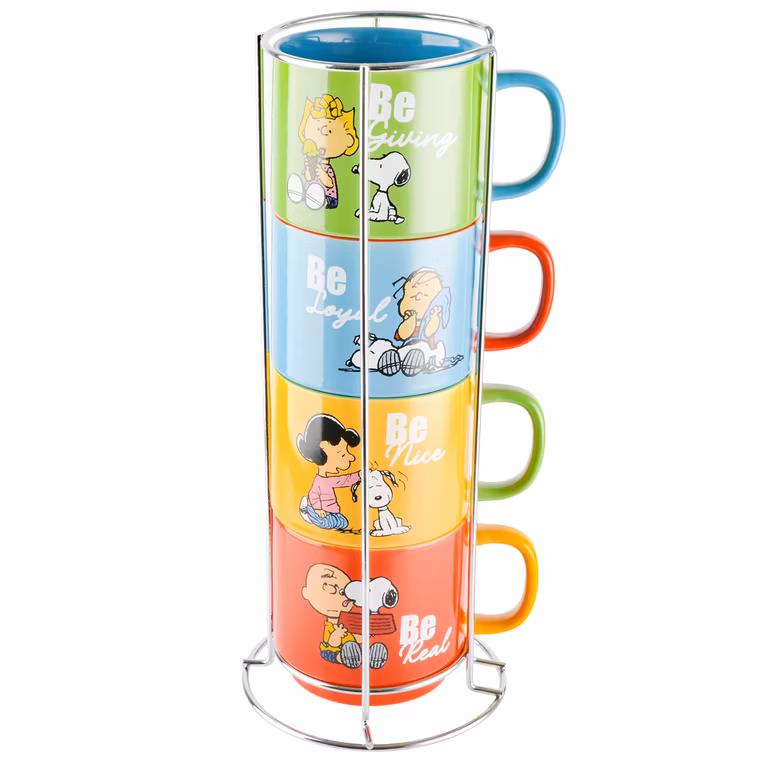 Amazon: Peanuts Snoopy Gentle Reminders - Tazas apilables de 15 onzas con estante de metal, gres, paquete de 4, colores surtidos