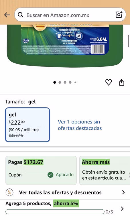 Amazon Persil 6.64Lt $172 cupon que se aplica al agregar al carrito