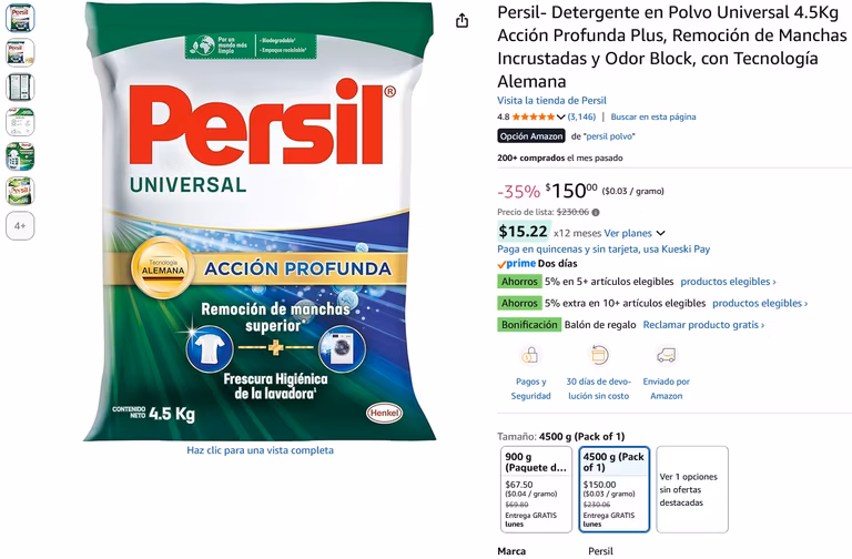Amazon: Persil- Detergente en Polvo Universal 4.5Kg