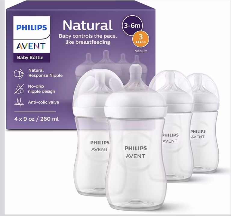 Amazon: Philips Avent Biberón Natural Response con válvula anticólicos│9oz/260 ml│Flujo 3 Medio│4 piezas│SCY903/04