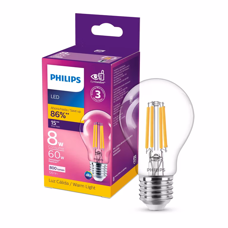Amazon: Philips Foco LED Filamento A19 base E27 luz cálida