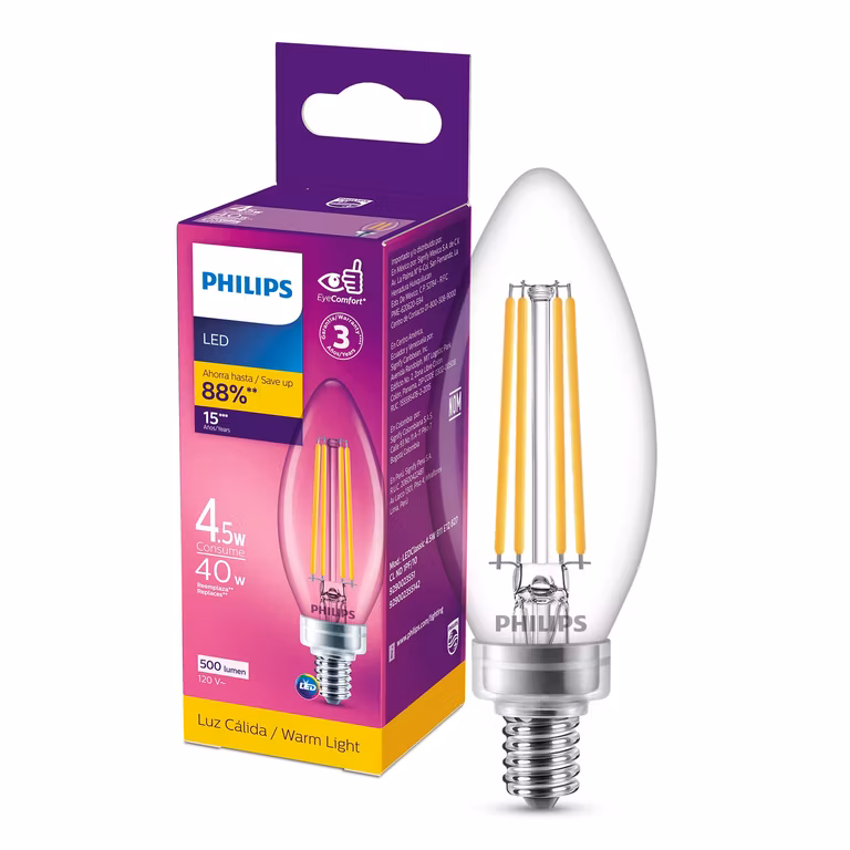 Amazon: Philips foco Vela LED Filamento B11 base E12 luz cálida