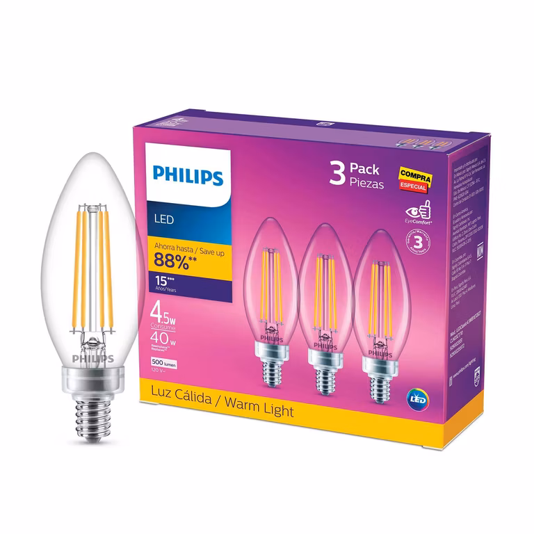 Amazon: Philips LED Vela luz cálida 4.5W = 40W base E12 3pack