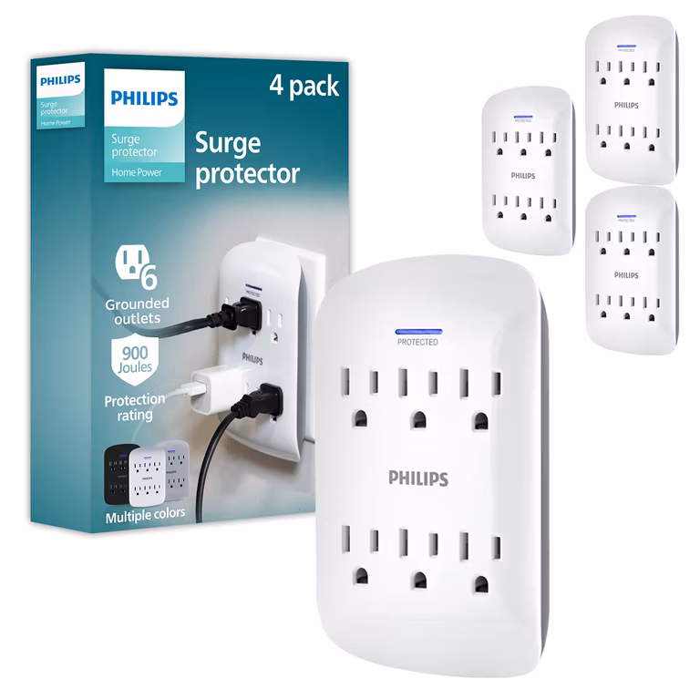 Amazon: Philips, Multicontacto de Pared de 6 Salidas Con Supresor de Picos, 900 Julios, Certificación ETL, Paquete de 4
