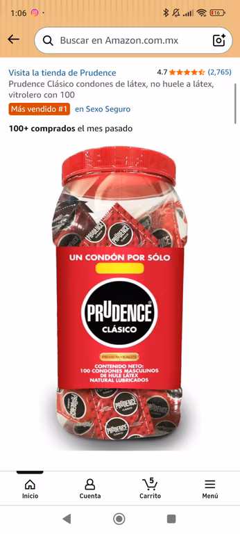 Amazon: Prudence Clásico condones de látex, no huele a látex, vitrolero con 100 | Planea y Ahorra