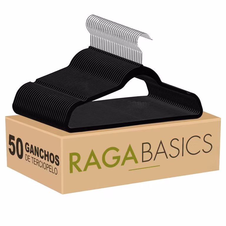 Amazon: RagaBasics, Set de 50 Ganchos Metalicos Cubiertos con Terciopelo, Perchas de Alta Calidad, Gancho con Rotacion 360°