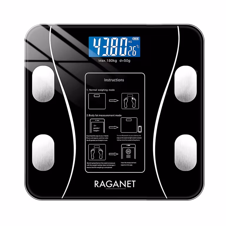 Amazon: Raganet, Báscula Electrónica Bluetooth, Digital e Inteligente, Para Medir Peso, Grasa Corporal y Muscular, Recargable Via USB