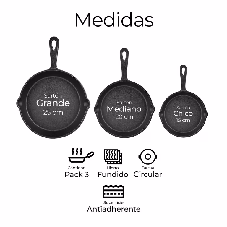AMAZON: Raganet, Juego de 3 Sartenes de Hierro Fundido con Mangas Largas, Antiadherentes, 3 Tamaños Perfectos de Sarten 15cm, 20cm y 25cm