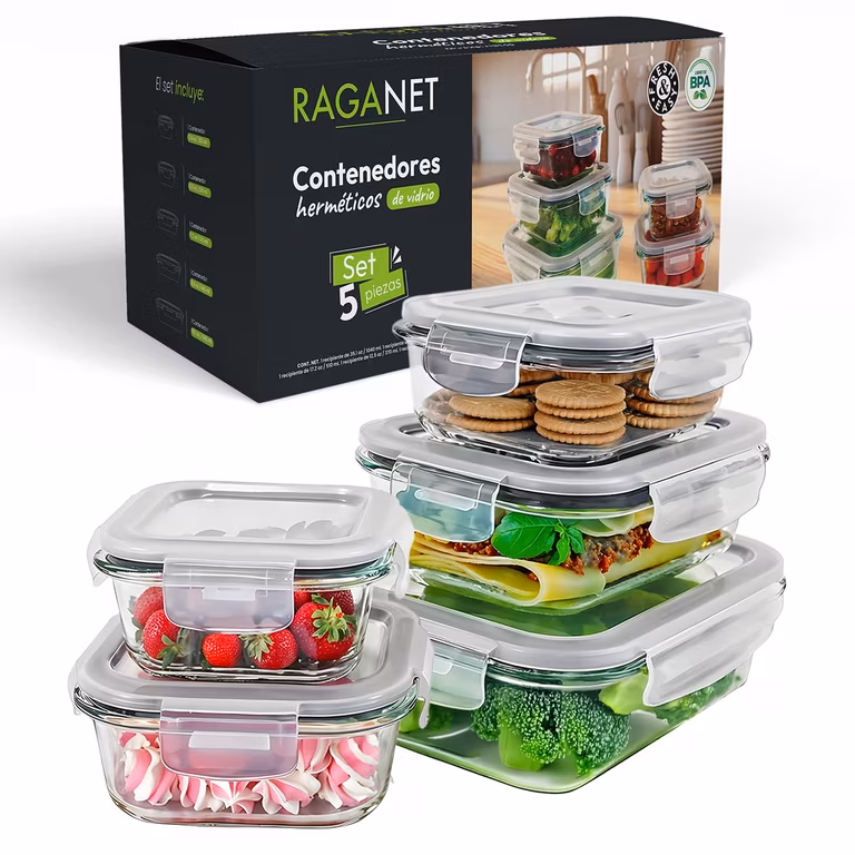 Amazon: Raganet, Set De 5 Contenedores De Vidrio Herméticos Para Alimentos, Toppers Con Tapas De Cierre Fácil y Antifugas, BPA Free