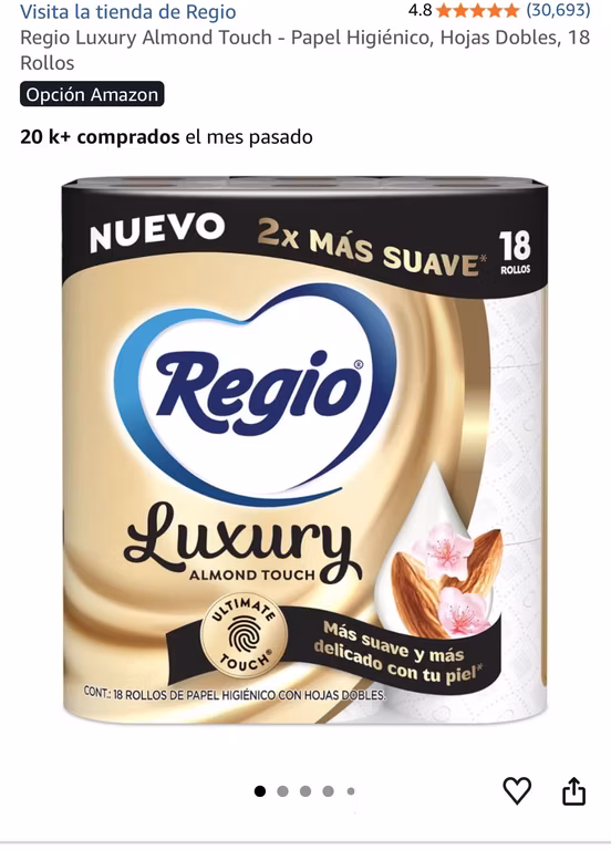 Amazon: Regio Luxury Almond Touch - Papel Higiénico, Hojas Dobles, 18 Rollos | Planea y ahorra $96 comprando 5