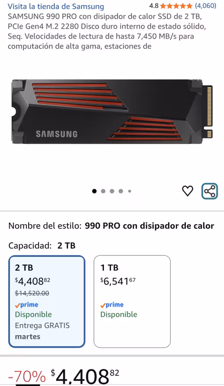 Amazon: SAMSUNG 990 PRO con disipador de calor SSD de 2 TB, PCle Gen4 M.2 2280 Disco duro interno de estado sólido, Seq.