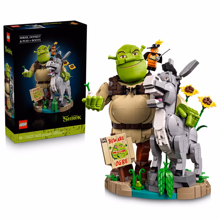 Amazon: Shrek: Shrek, Burro y Gato con Botas – Kit de Construcción – Recuerdo de la Película con 3 Figuras – Set Nostálgico