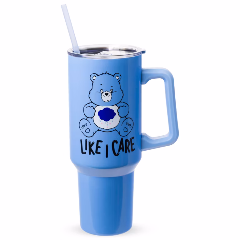 Amazon: Silver Buffalo Care Bears Grumpy Bear Like I Care - Vaso de acero inoxidable con pajita, se adapta a portavasos estándar, 40 onzas