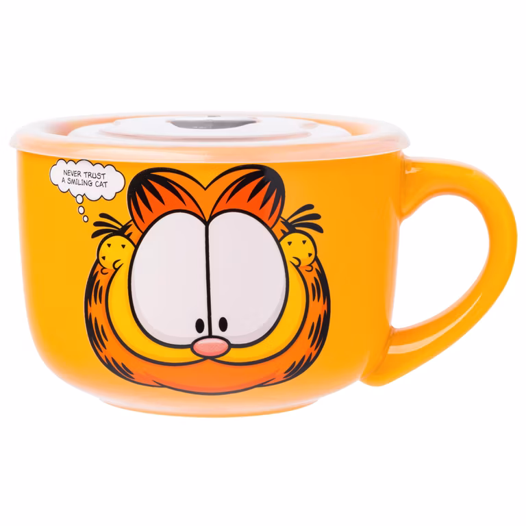 Amazon: Silver Buffalo Garfield Never Trust a Smiling Cat ,Taza de sopa de cerámica con tapa de plástico ventilada, 24 onzas
