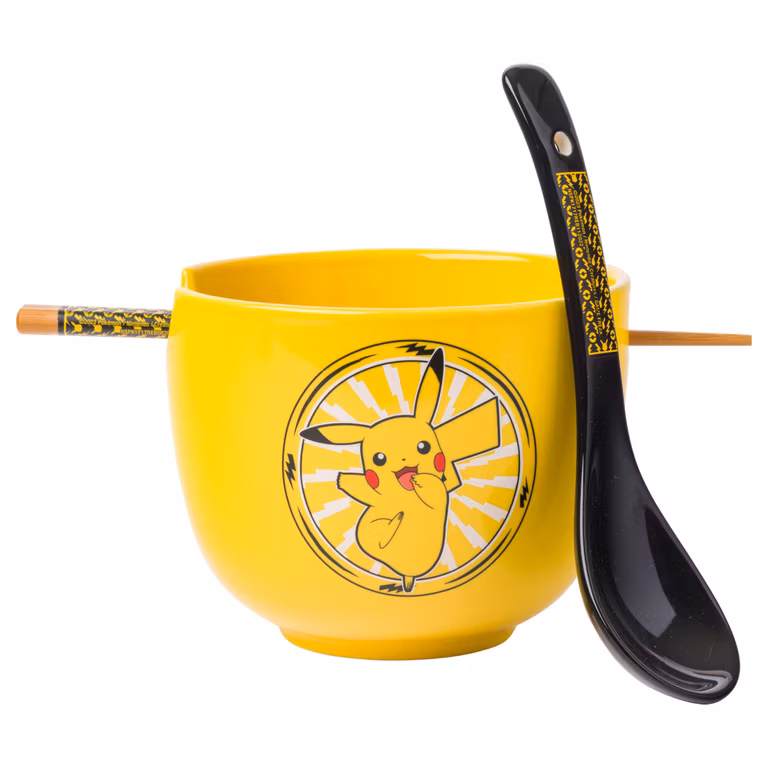 Amazon: Silver Buffalo Pokemon Pikachu - tazón de arroz de cerámica con palillos y cuchara, 20 onzas