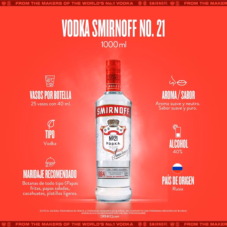 AMAZON: Smirnoff, No. 21, 1 L, Vodka, Origen Ruso, Versátil, Sabor Suave, Puro y Seco, Triple Destilación