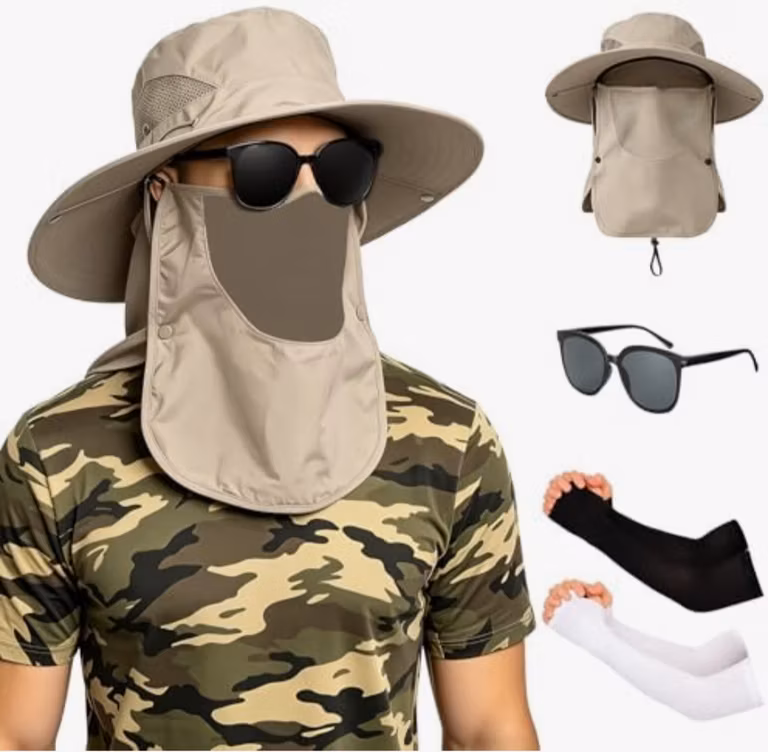 Amazon: Sombrero Pesca Sol Protección, Sombrero para Sol UPF 50, con Gafas de Sol, Mangas de Protección - Color Beige