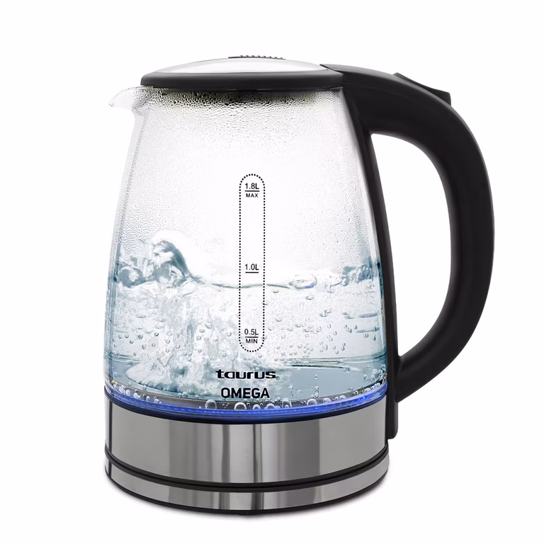 Amazon: TAURUS OMEGA | Hervidor eléctrico de cristal 1.8 L con luz LED | Tetera rápida 1000W con apagado automático