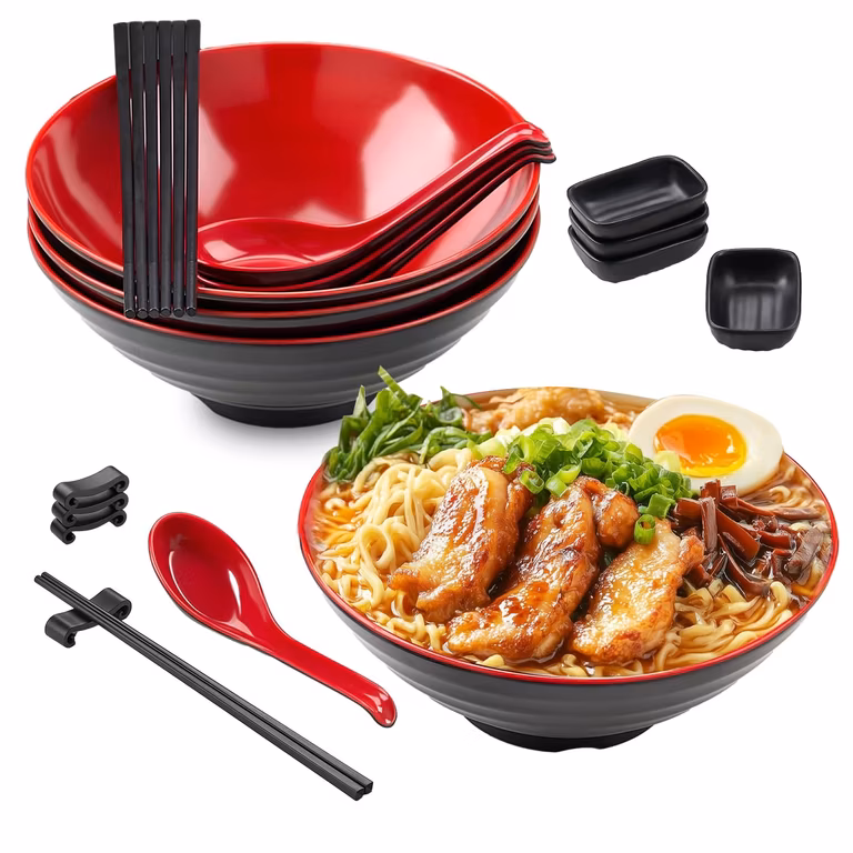 Amazon: Tazón Para Ramen(sirve 4), Juego Ramen Bowl De 20 Piezas, Vajilla Melamina , Incluye 1.2L Platos Hondos,