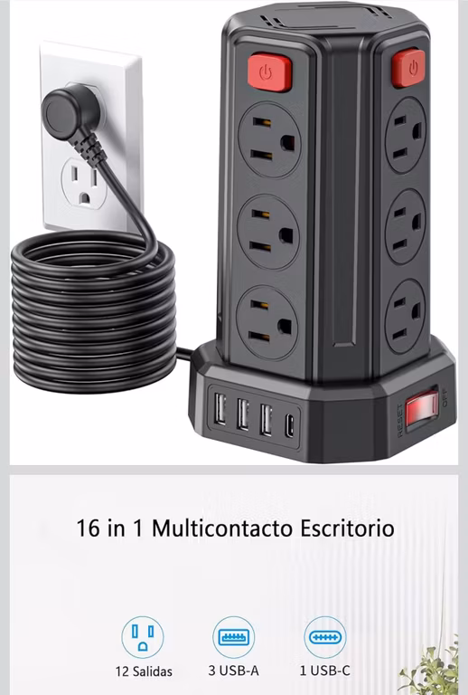 Amazon: Torre Regleta Multicontacto Pared con 1700J Protector contra Sobretensión, Extension Electrica 3.04M