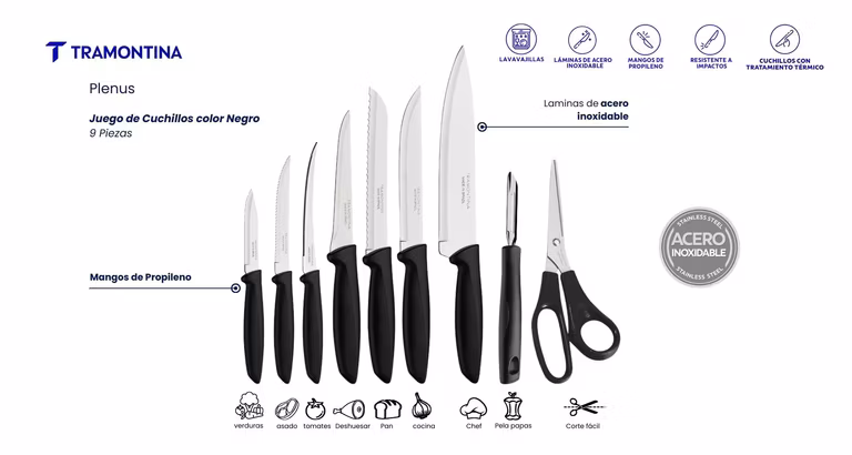 AMAZON: TRAMONTINA - Juego de Cuchillos Plenus con Láminas en Acero Inoxidable y Mangos de Polipropileno Negro 9 Piezas
