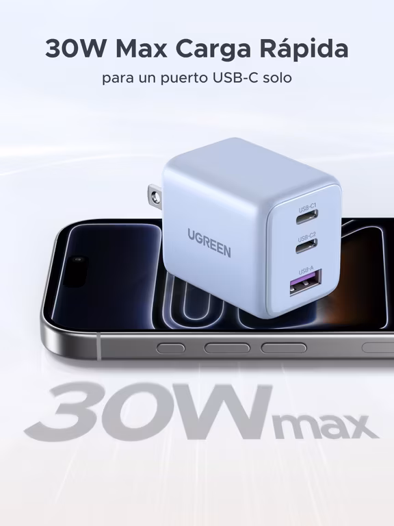 AMAZON: UGREEN 30W GAN Cargador Tipo USB C con 3 Puertos, Compatible Galaxy S26/S25, iPhone 16 15 14 Pro MAX, Macbook Air, iPad Pro, Azul