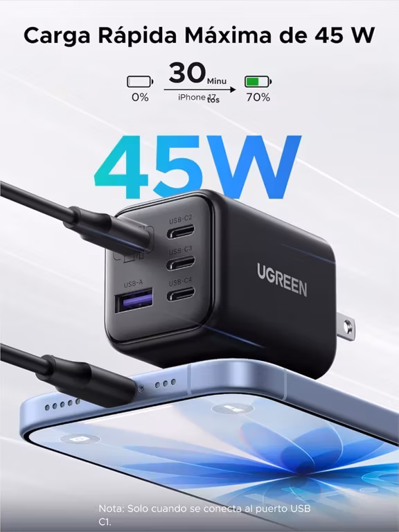 Amazon, UGREEN 45W Cargador Tipo C GAN Portátil, PD 5 Puertos 4 USB C y USB A, Carga Súper Rápida 2.0