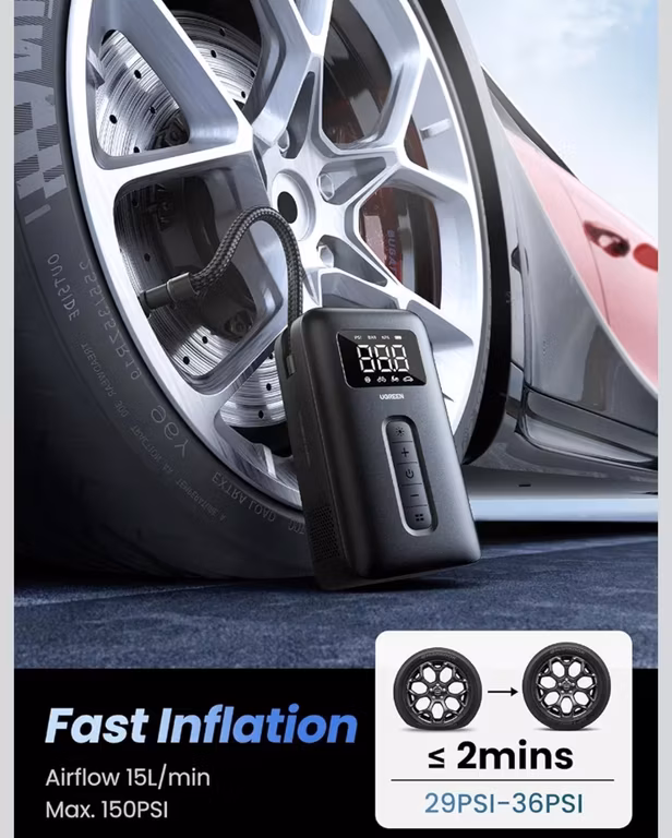 Amazon: UGREEN Compresor de Aire Portátil para Auto Inflador de Llantas 150PSI | con Batería 2600mAh*2, Pantalla con LED, para Coche