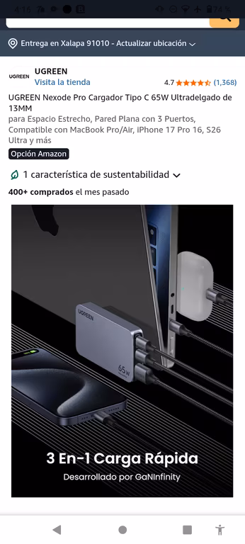Amazon: UGREEN Nexode Pro Cargador Tipo C 65W Compatible con MacBook Pro/Air, iPhone 17 ProUltradelgado de 13MM
