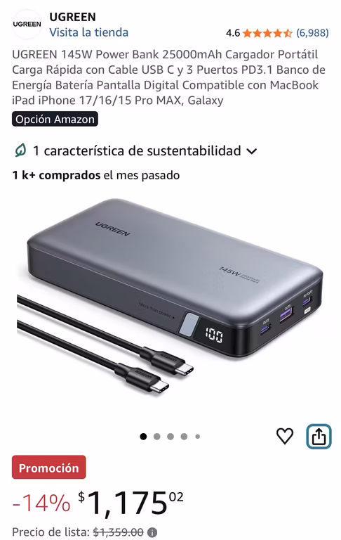 Amazon: Ugreen Power Bank 145 W 25,000 mAh