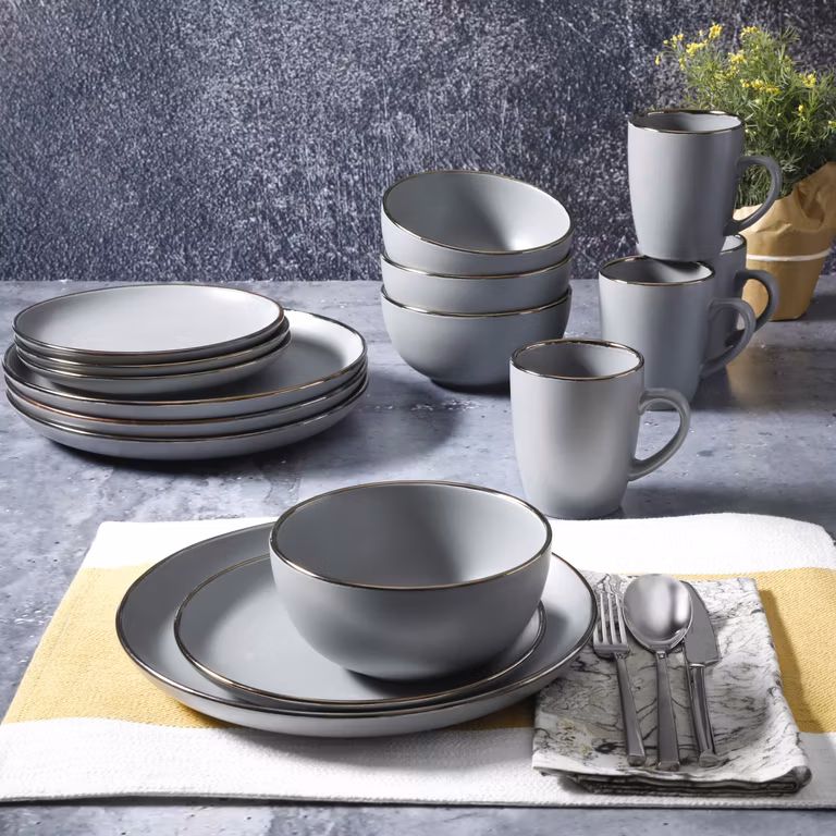 Amazon: Vajilla Gibson Home - Rockaway redonda de gres, servicio para 4 (16 piezas), borde gris y dorado
