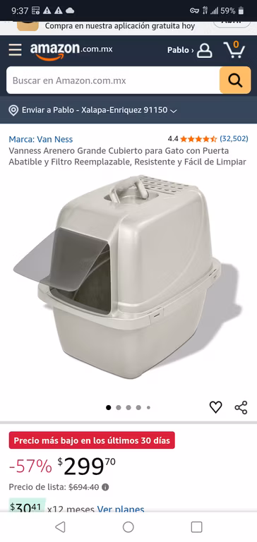Amazon: Vanness Arenero Grande Cubierto para Gato con Puerta Abatible y Filtro Reemplazable, Resistente y Fácil de Limpiar