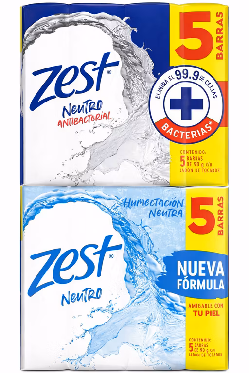 Amazon: Zest Jabón Neutro Suave ó Zest Neutro Micelar 5 x 90 g (con Planea y Ahorra)