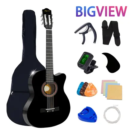 Bigview Guitarra Clásica Acústica Española Negra 38" Madera Nylon Para Principiantes Kit Completo con Funda