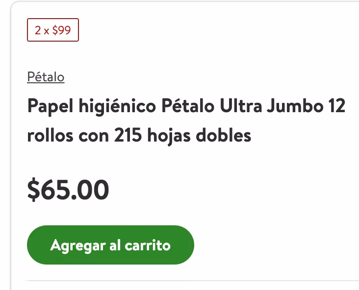Bodega Aurrera: 2 x $99 Papel higiénico Pétalo Ultra Jumbo 12 rollos con 215 hojas dobles