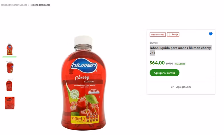 Bodega Aurrera - Jabón líquido para manos Blumen cherry 2.1 l - kiwi