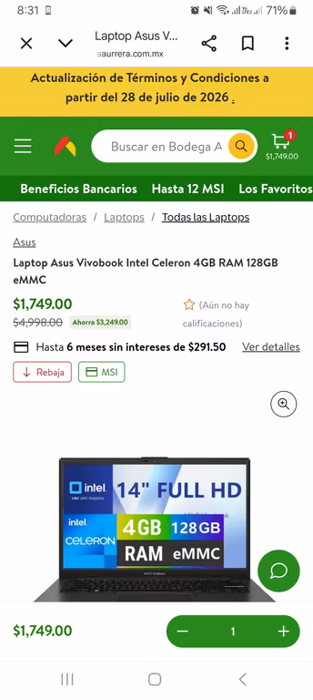 Bodega Aurrera: Laptop Asus Vivobook Intel Celeron 4GB RAM 128GB eMMC