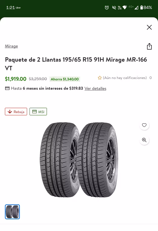 Bodega Aurrera: Llantas 195/65R15 Mirage